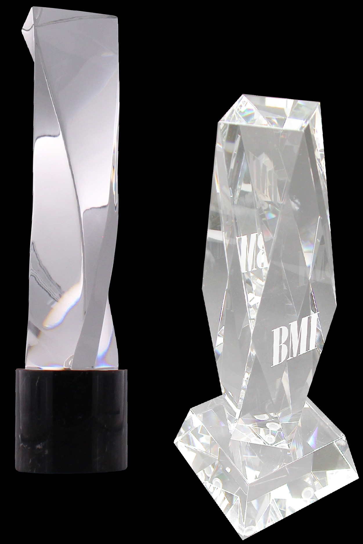 custom crystal awards on unique bases and etched with logos
